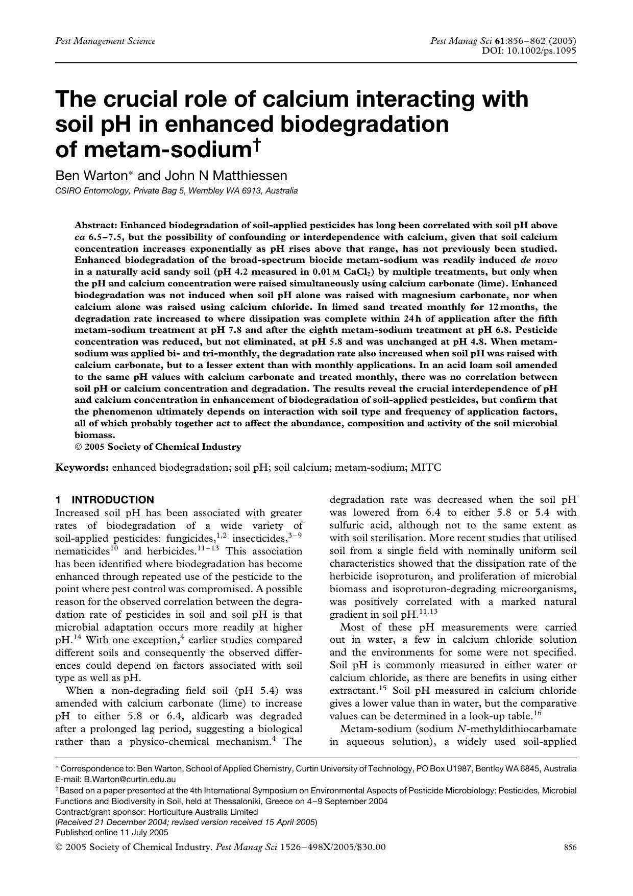 The crucial role of calcium interacting with soil pH in enhanced biodegradation of metam-sodium by Unknown