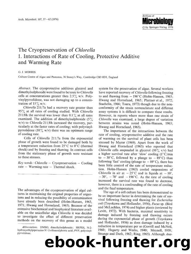 The cryopreservation of <Emphasis Type="Italic">Chlorella<Emphasis> 1. Interactions of rate of cooling, protective additive and warming rate by Unknown