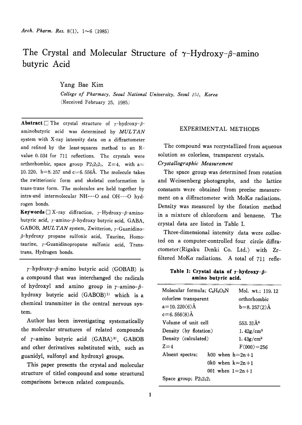 The crystal and molecular structure of γ-hydroxy-β-amino butyric acid by Unknown