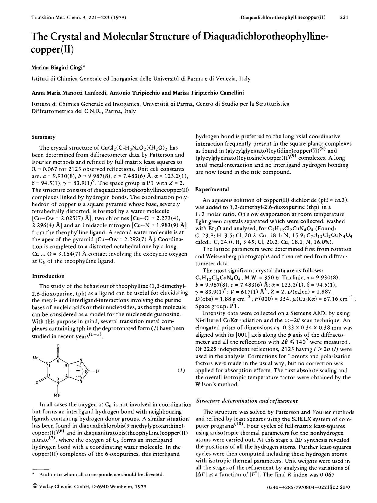 The crystal and molecular structure of diaquadichlorotheophyllinecopper(II) by Unknown