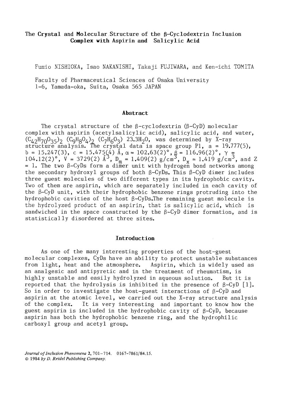 The crystal and molecular structure of the β-cyclodextrin inclusion complex with aspirin and salicylic acid by Unknown