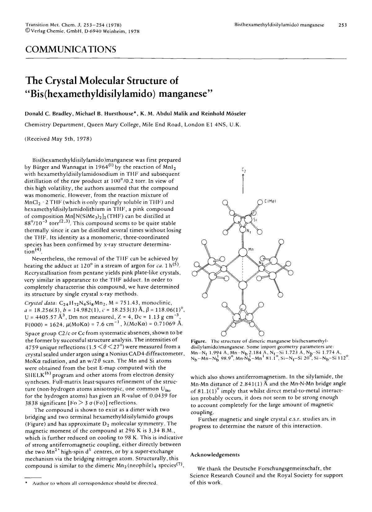 The crystal molecular structure of “bis(hexamethyldisilylamido) manganese” by Unknown