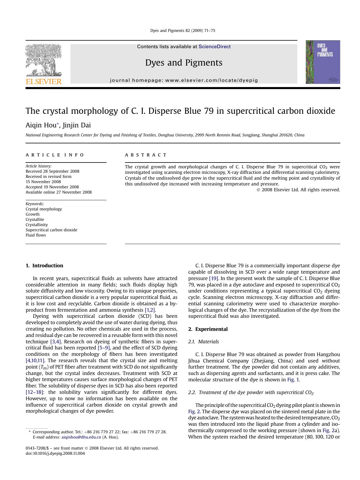The crystal morphology of C. I. Disperse Blue 79 in supercritical carbon dioxide by Aiqin Hou; Jinjin Dai