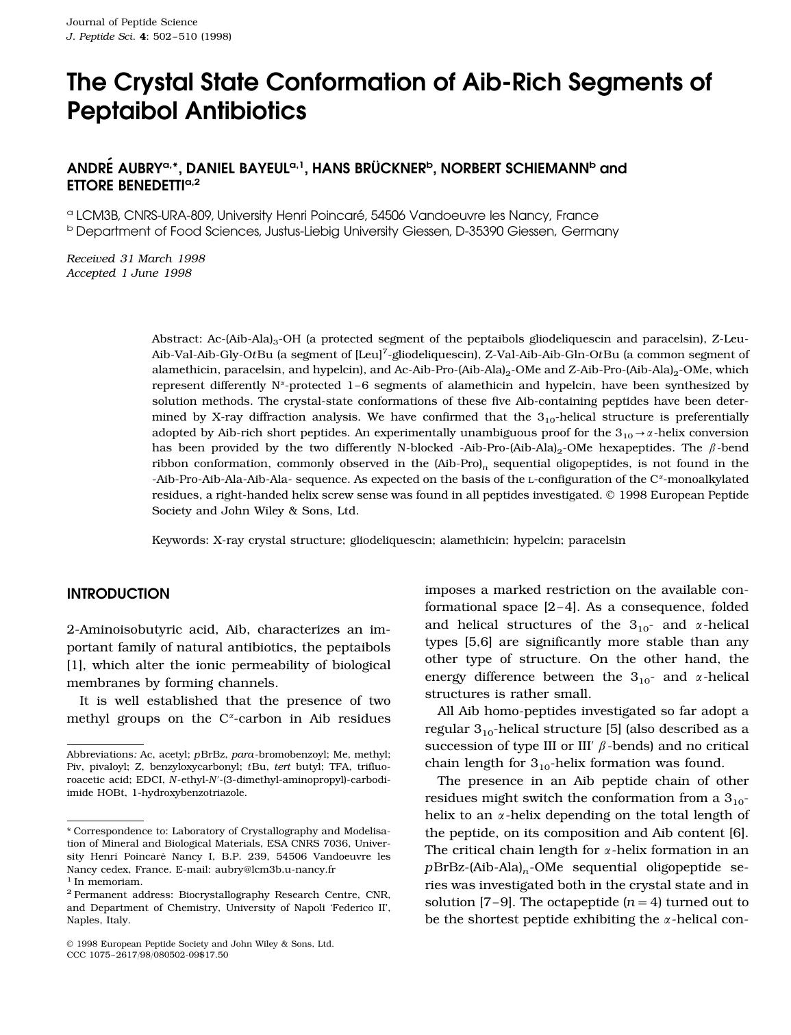 The crystal state conformation of Aib-rich segments of peptaibol antibiotics by Unknown