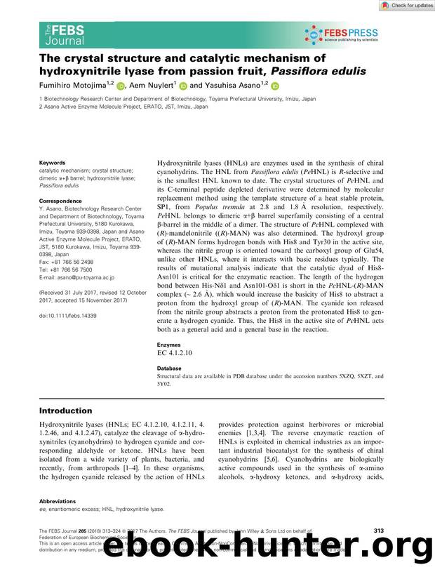 The crystal structure and catalytic mechanism of hydroxynitrile lyase from passion fruit, Passiflora edulis by Unknown