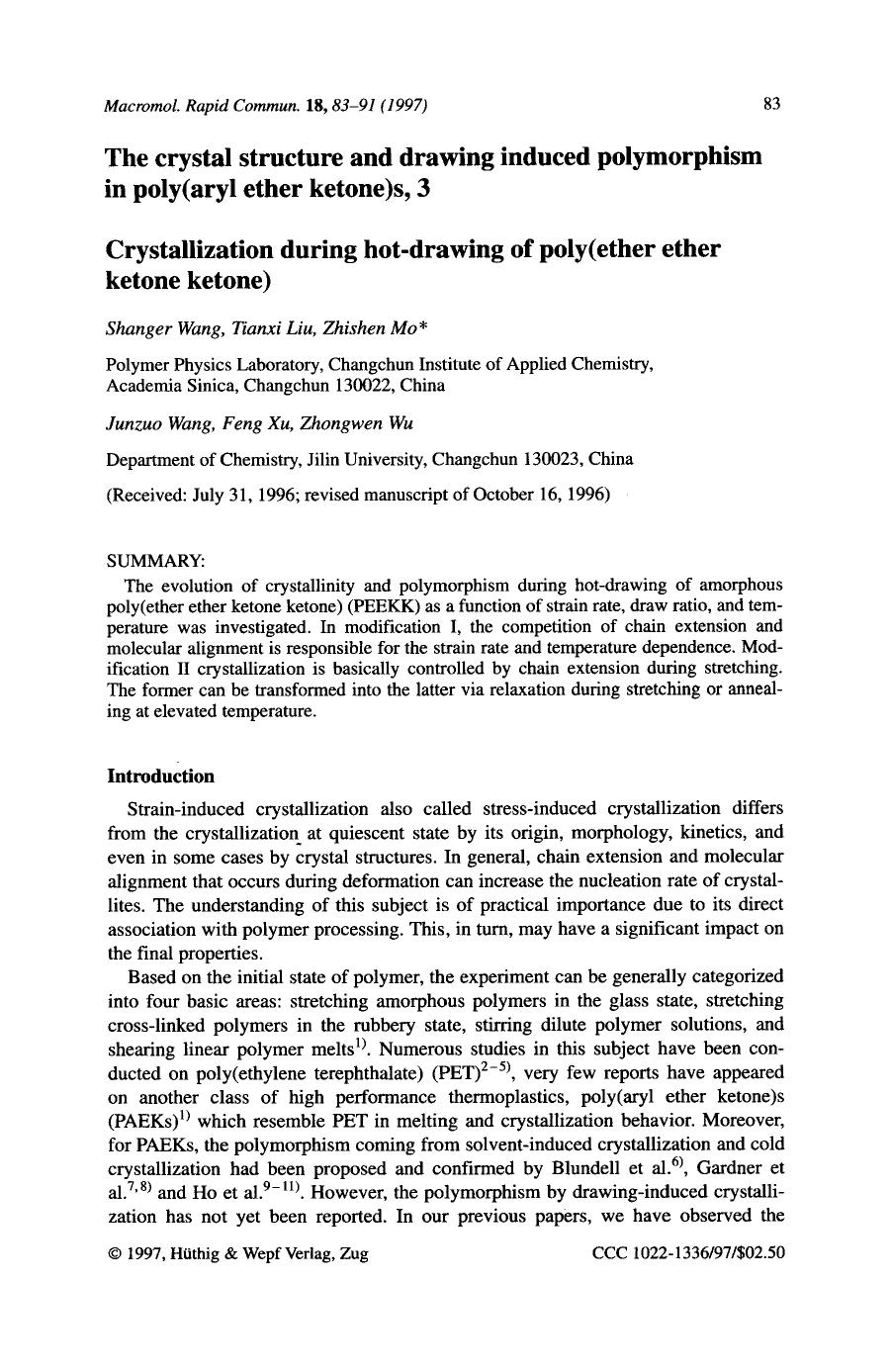 The crystal structure and drawing induced polymorphism in poly(aryl ether ketone)s, 3. Crystallization during hot-drawing of poly(ether ether ketone ketone) by Unknown