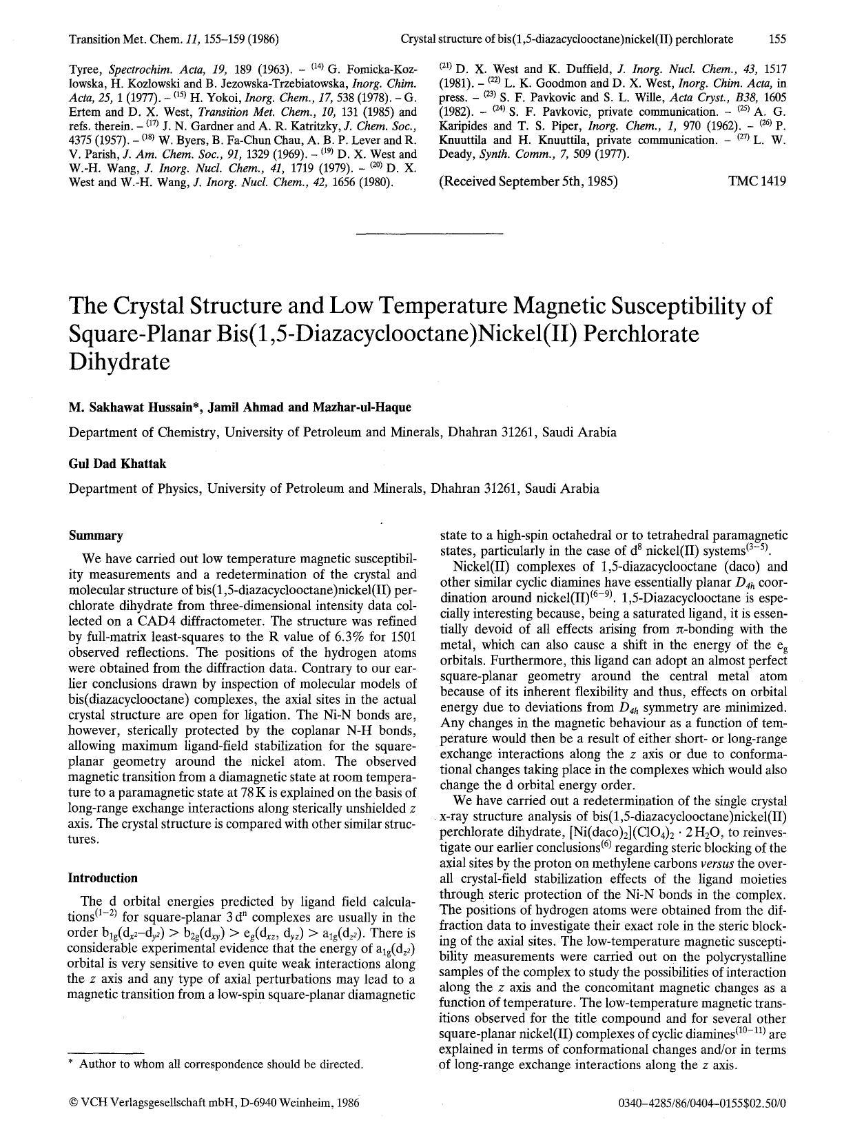 The crystal structure and low temperature magnetic susceptibility of square-planar bis(1,5-diazacyclooctane)nickel(II) perchlorate dihydrate by Unknown