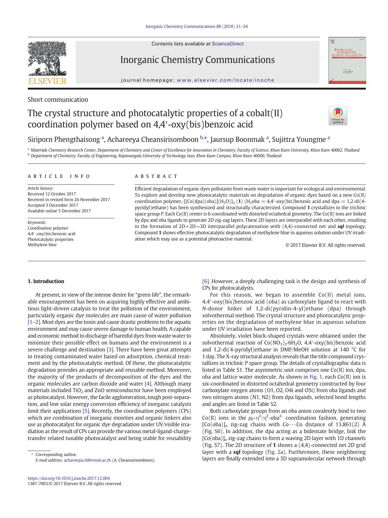 The crystal structure and photocatalytic properties of a cobalt(II) coordination polymer based on 4,4â²-oxy(bis)benzoic acid by Siriporn Phengthaisong & Achareeya Cheansirisomboon & Jaursup Boonmak & Sujittra Youngme