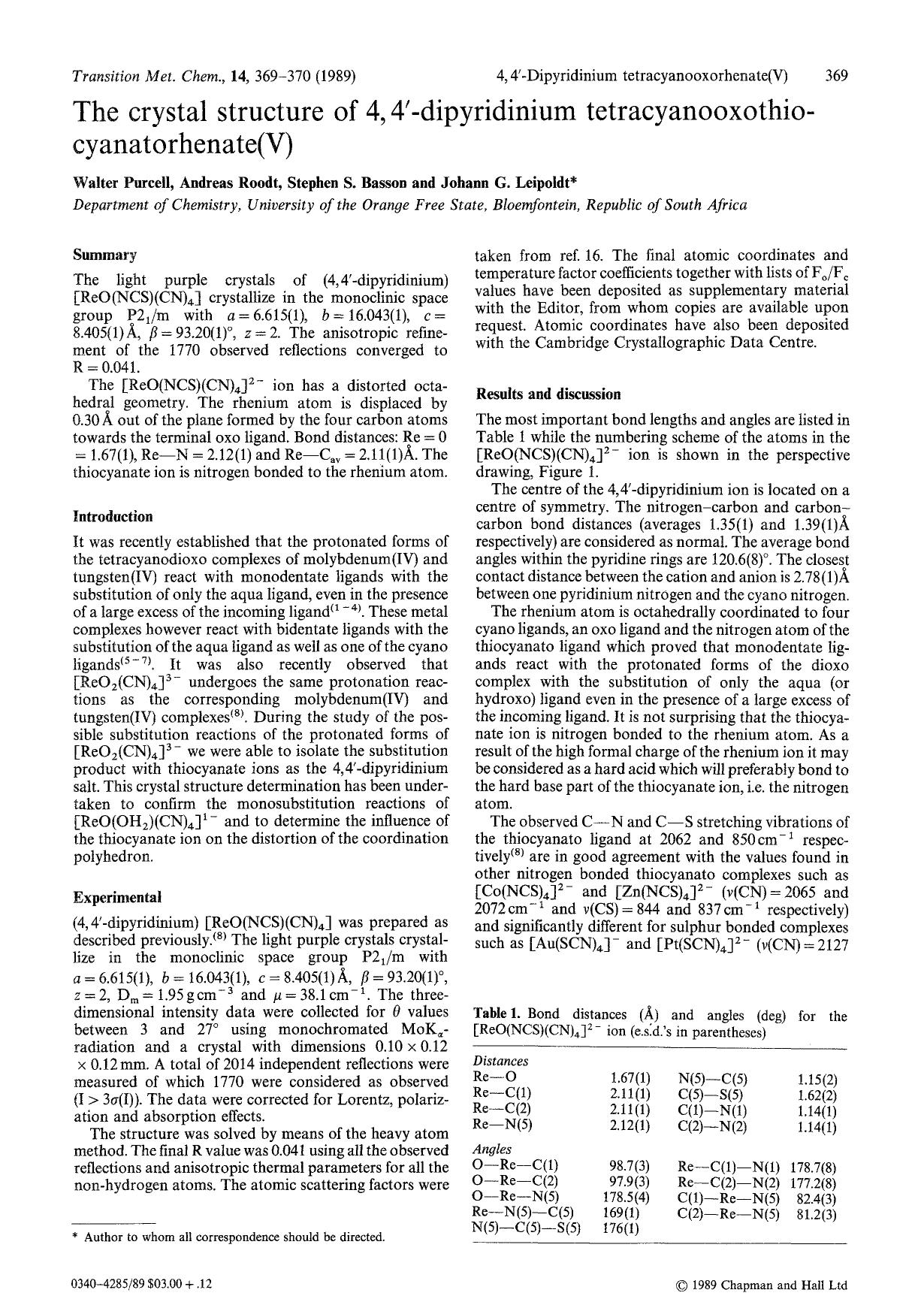 The crystal structure of 4,4′-dipyridinium tetracyanooxothiocyanatorhenate(V) by Unknown