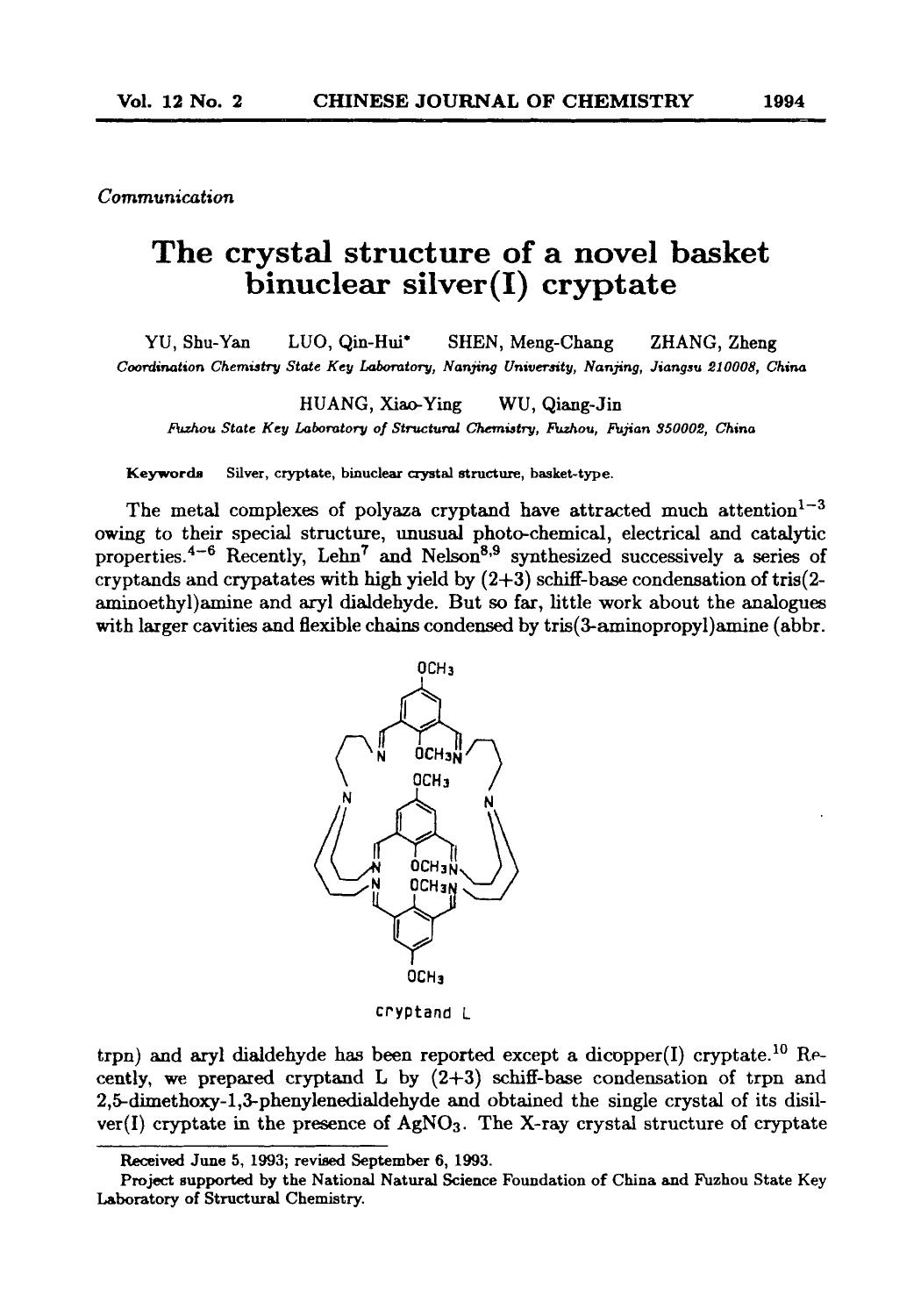 The crystal structure of a novel basket binuclear silver (I) cryptate by Unknown
