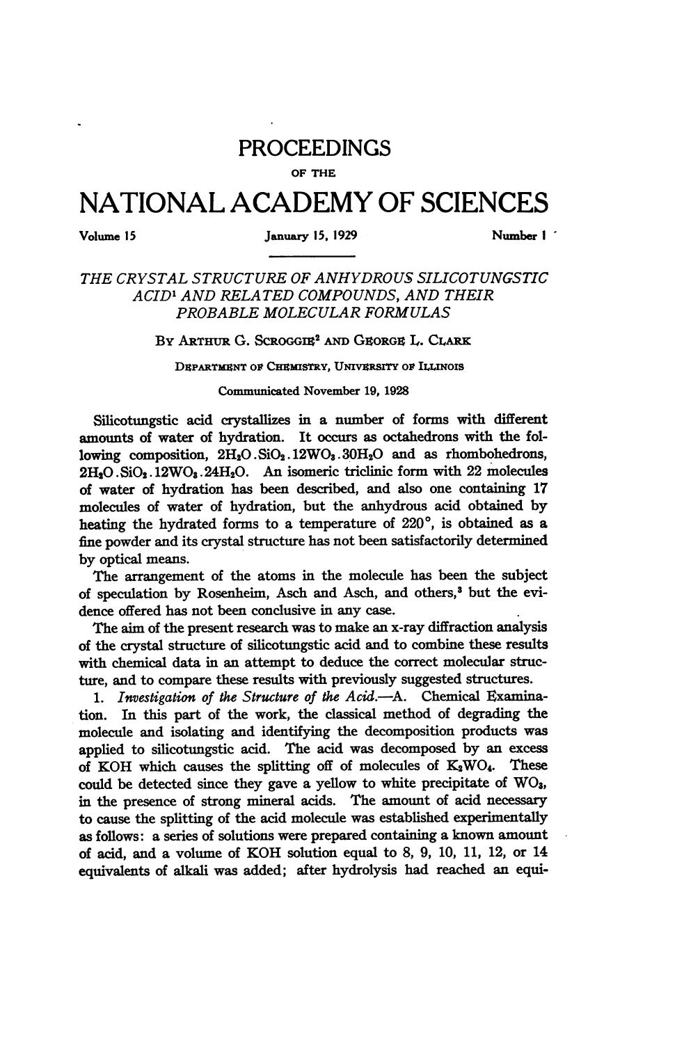 The crystal structure of anhydrous silicotungstic acid and related compounds and their probable molecular formulas by Scroggie A.G. Clark G.L