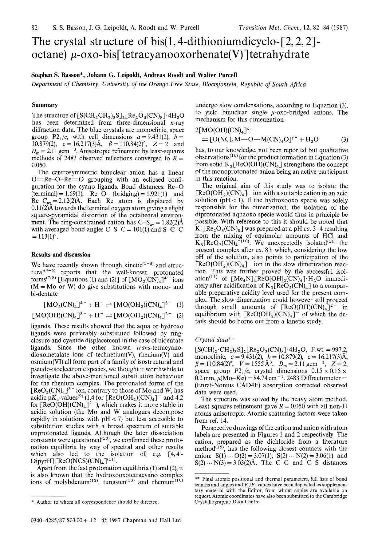 The crystal structure of bis(1,4-dithioniumdicyclo-[2,2,2]-octane) μ-oxo-bis[tetracyanooxorhenate(V)]tetrahydrate by Unknown