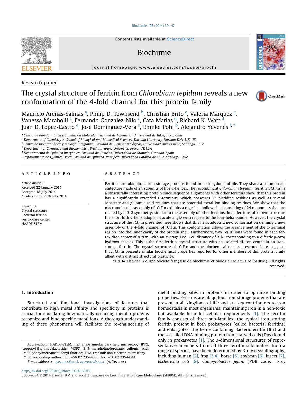 The crystal structure of ferritin from Chlorobium tepidum reveals a new conformation of the 4-fold channel for this protein family by unknow