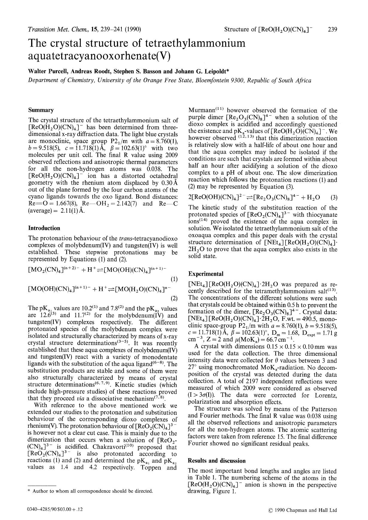 The crystal structure of tetraethylammonium aquatetracyanooxorhenate(V) by Unknown