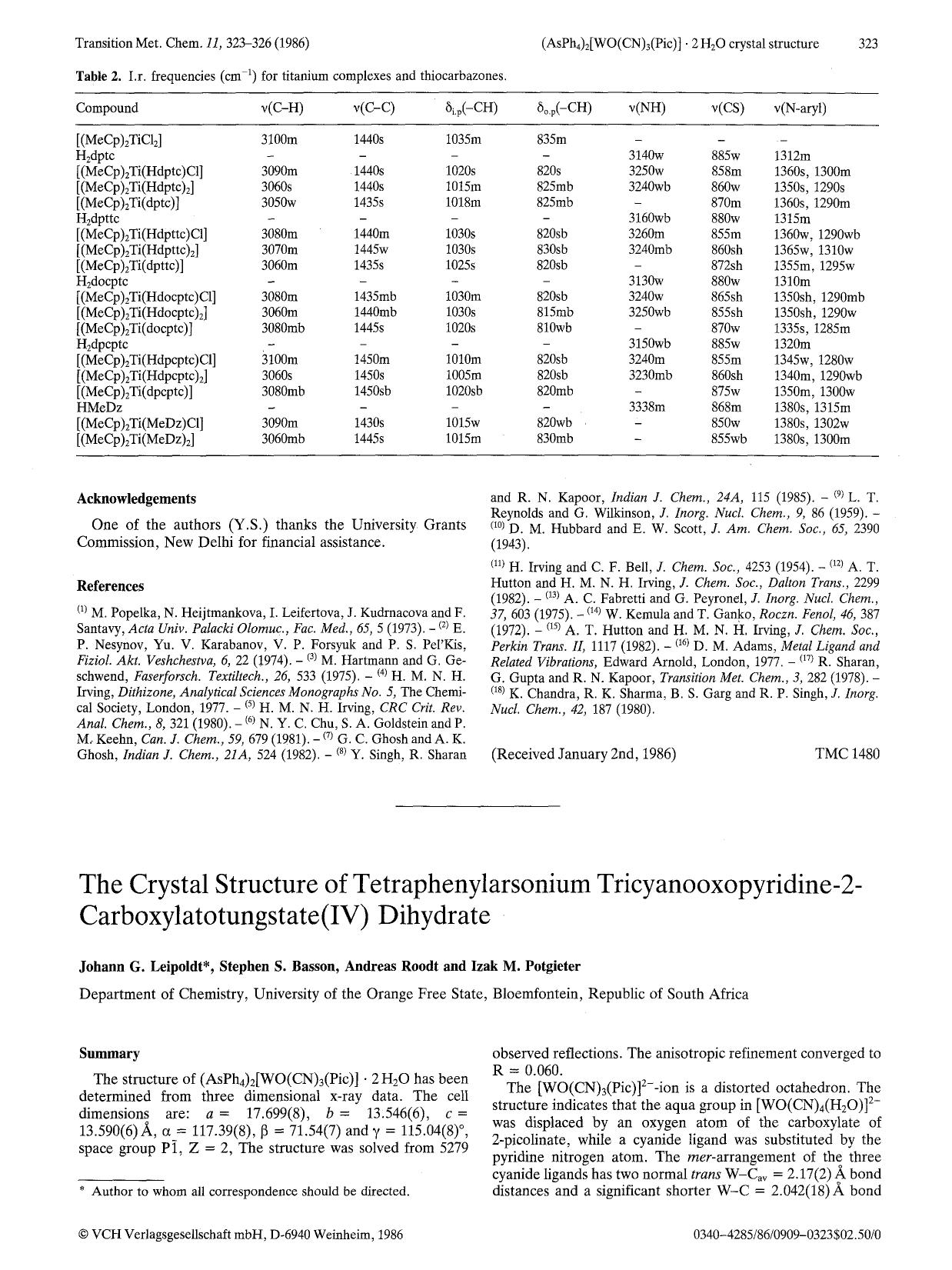 The crystal structure of tetraphenylarsonium tricyanooxopyridine-2-carboxylatotungstate(IV) dihydrate by Unknown