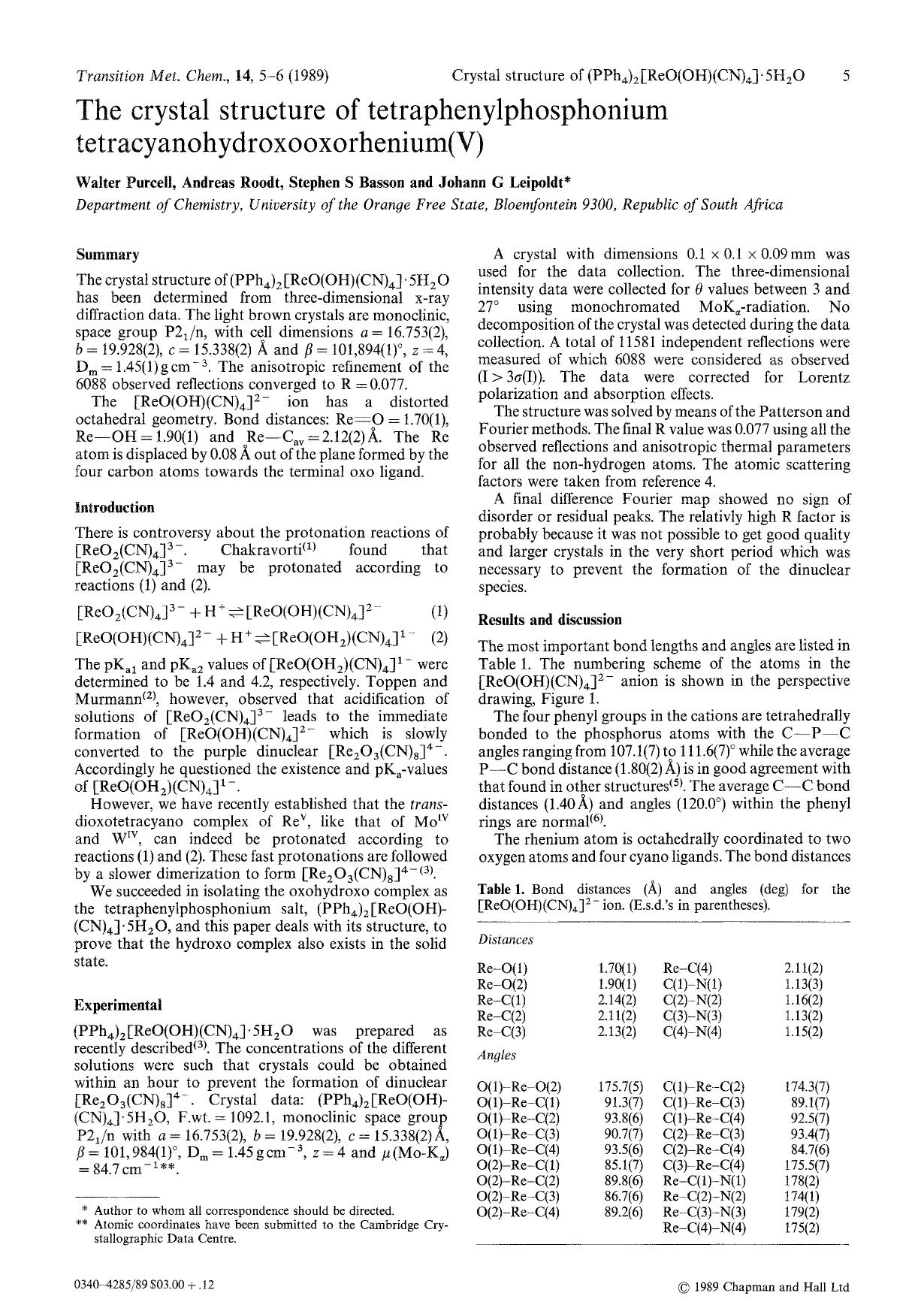 The crystal structure of tetraphenylphosphonium tetracyanohydroxooxorhenium(V) by Unknown