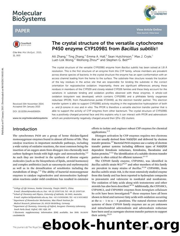 The crystal structure of the versatile cytochrome P450 enzyme CYP109B1 from Bacillus subtilis by unknow