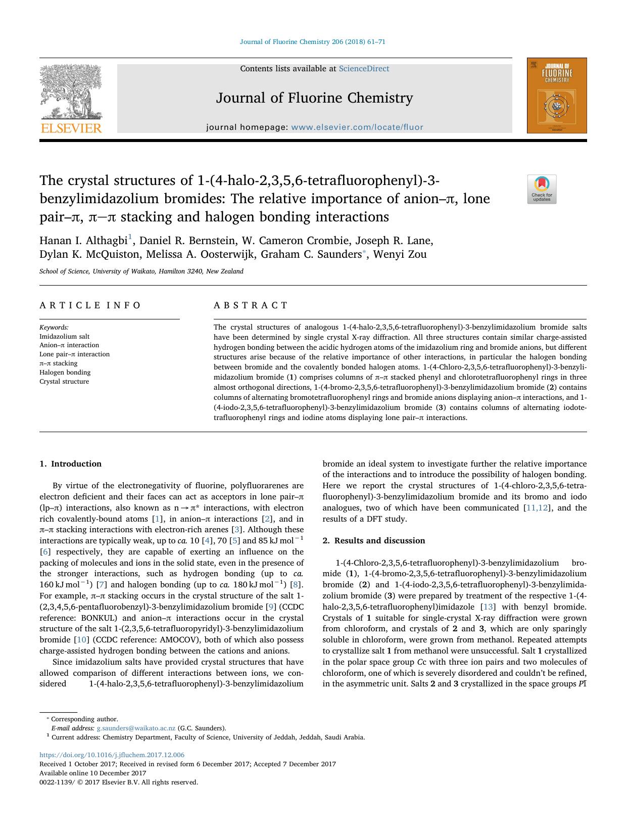 The crystal structures of 1-(4-halo-2,3,5,6-tetrafluorophenyl)-3-benzylimidazolium bromides_ The relative importance of anionâÏ, lone pairâÏ, ÏÏ stacking and halogen bonding interactions by unknow