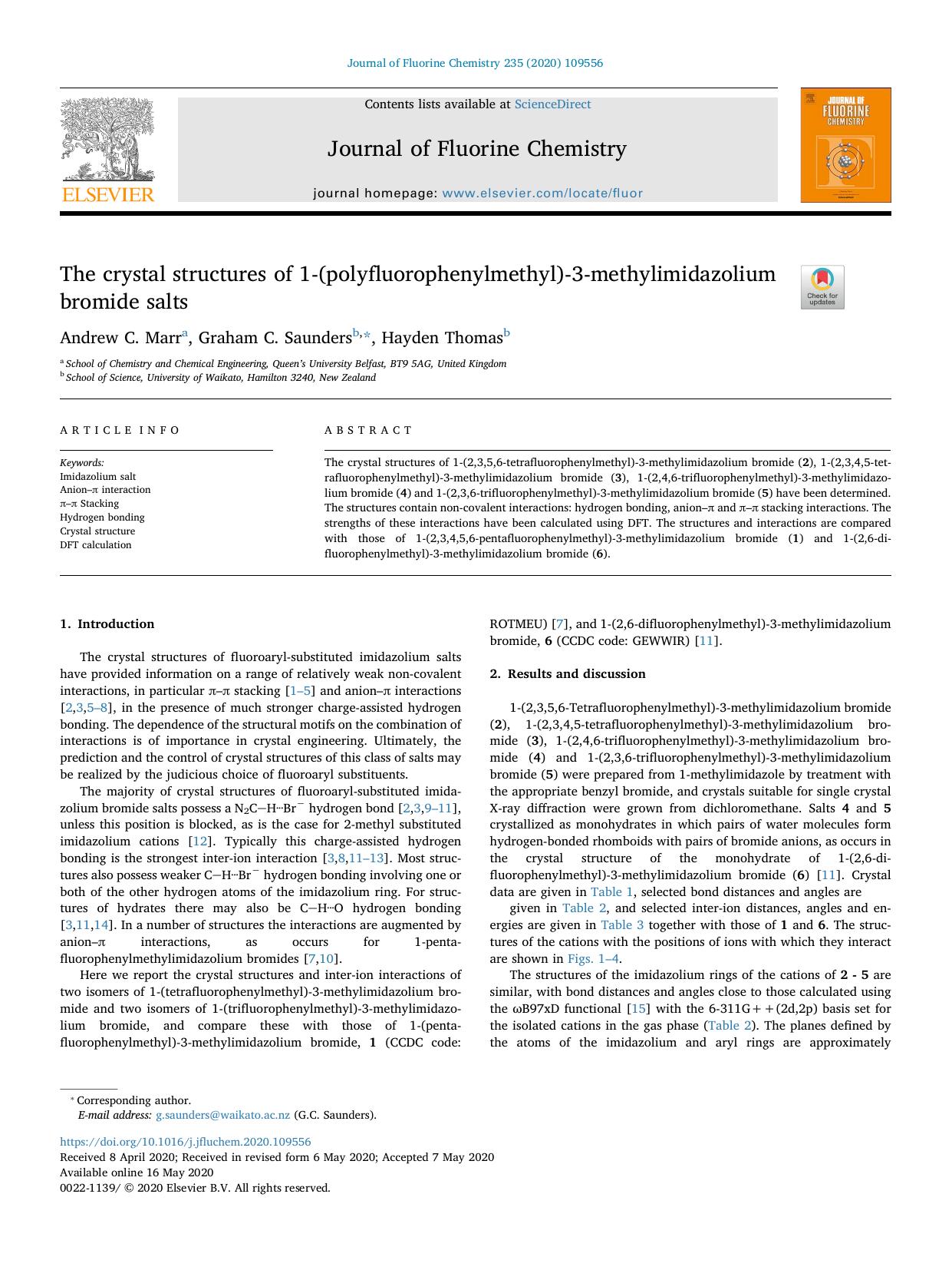 The crystal structures of 1-(polyfluorophenylmethyl)-3-methylimidazolium bromide salts by Andrew C. Marr & Graham C. Saunders & Hayden Thomas