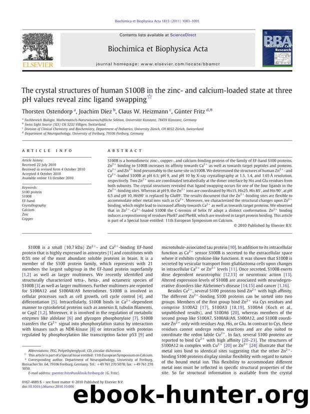 The crystal structures of human S100B in the zinc- and calcium-loaded state at three pH values reveal zinc ligand swapping by Thorsten Ostendorp & Joachim Diez & Claus W. Heizmann & Günter Fritz