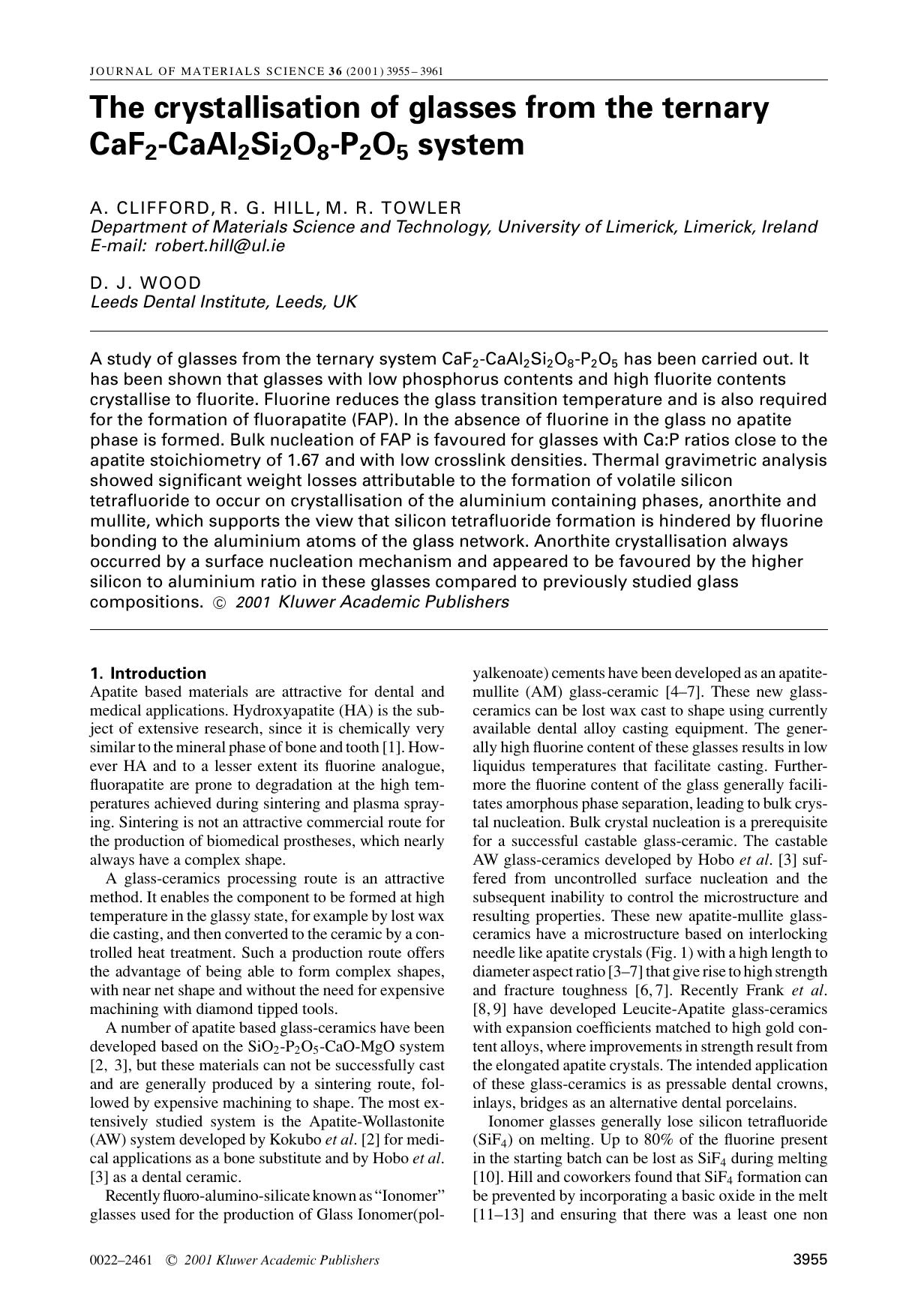 The crystallisation of glasses from the ternary CaF2-CaAl2Si2O8-P2O5 system by Unknown