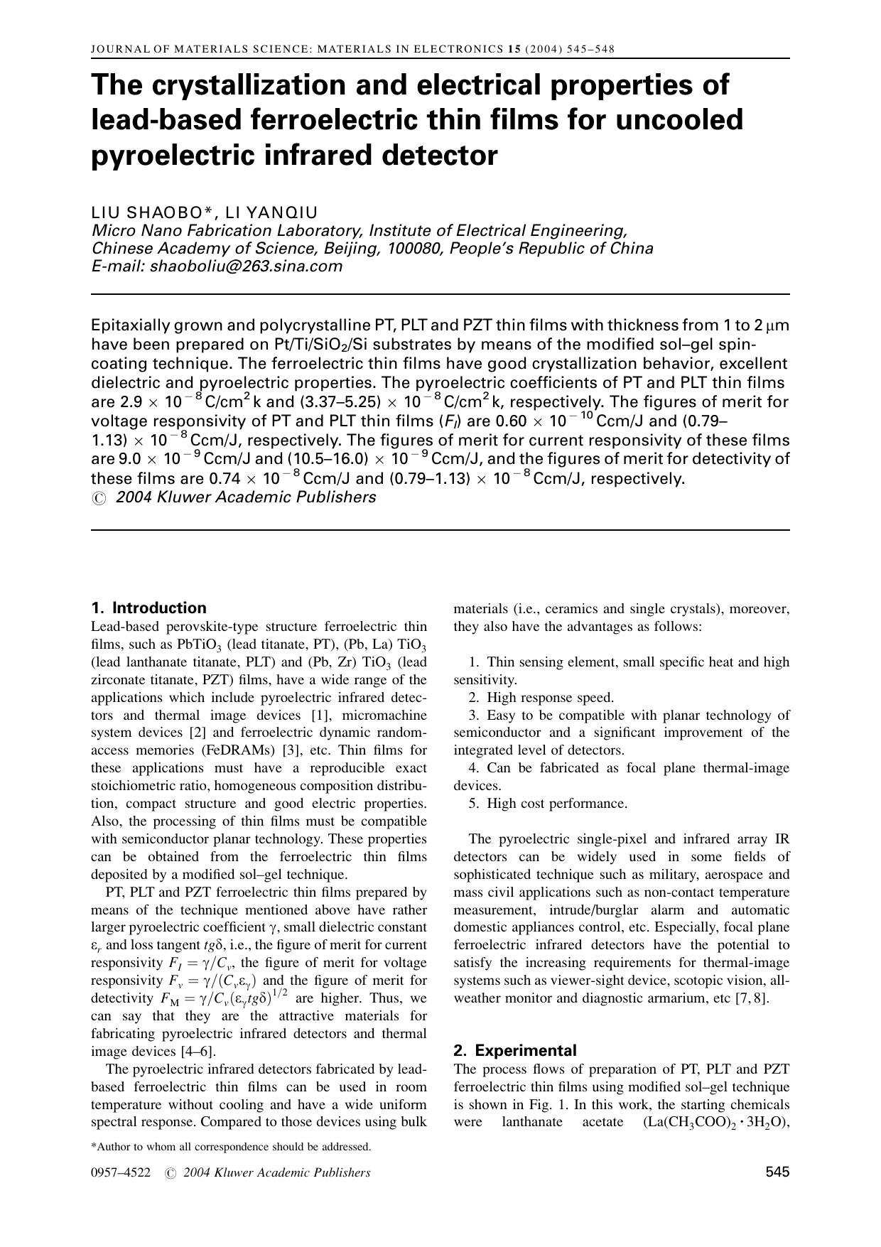 The crystallization and electrical properties of lead-based ferroelectric thin films for uncooled pyroelectric infrared detector by Unknown