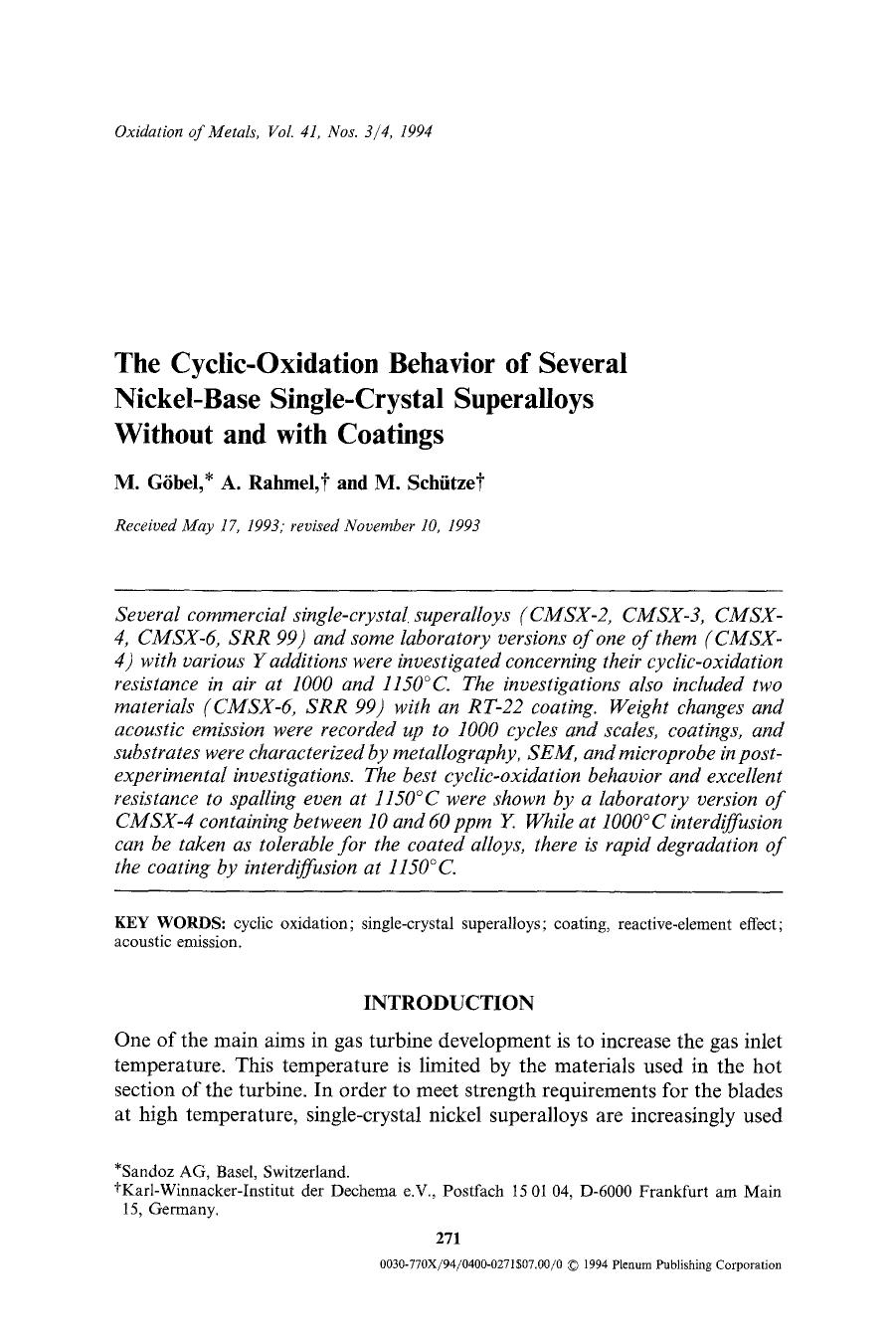 The cyclic-oxidation behavior of several nickel-base single-crystal superalloys without and with coatings by Unknown