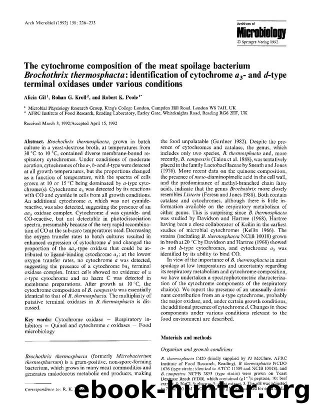 The cytochrome composition of the meat spoilage bacterium <Emphasis Type="Italic">Brochothrix thermosphacta<Emphasis>: identification of cytochrome <Emphasis Type="Italic">a<Emphas by Unknown