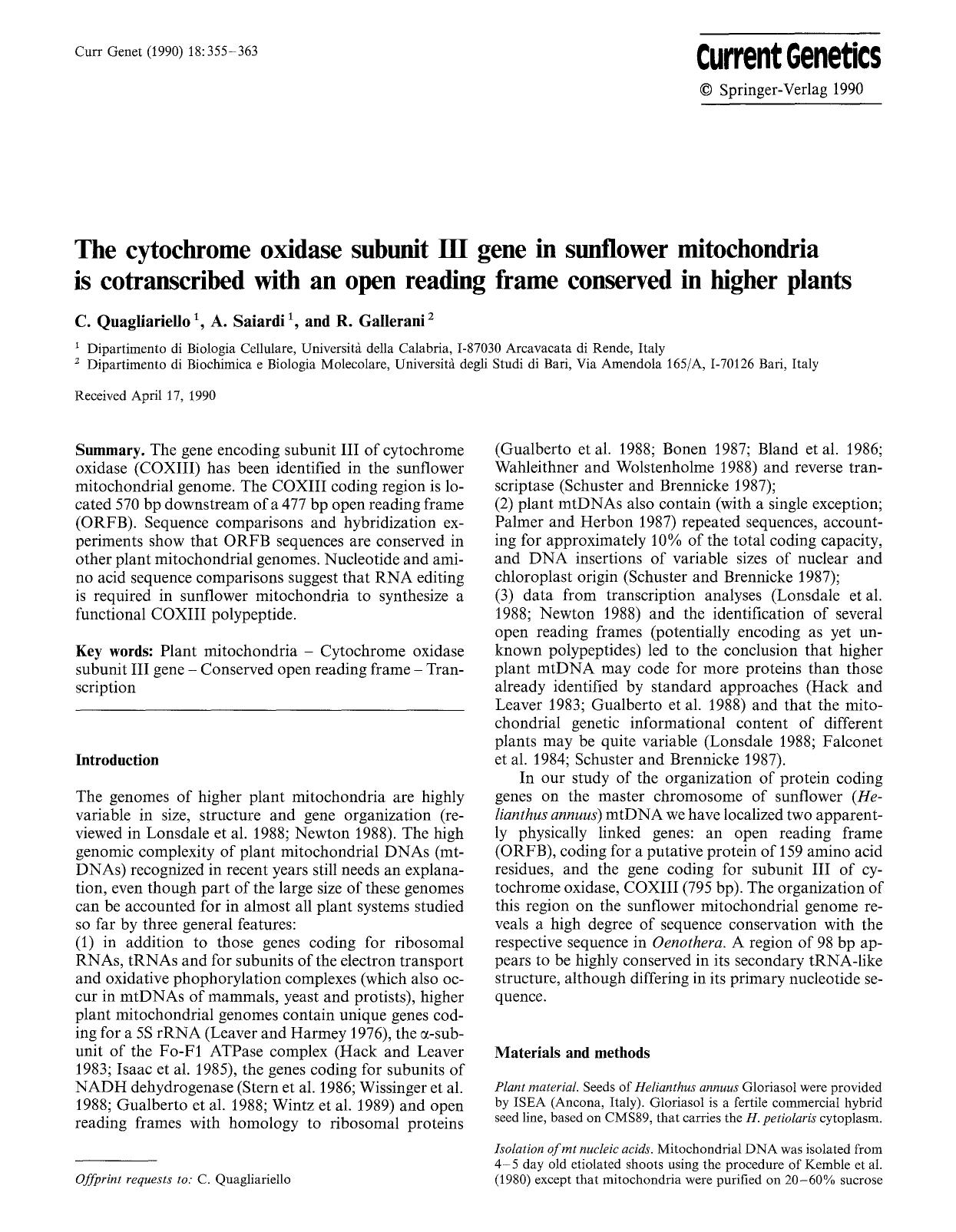 The cytochrome oxidase subunit III gene in sunflower mitochondria is cotranscribed with an open reading frame conserved in higher plants by Unknown