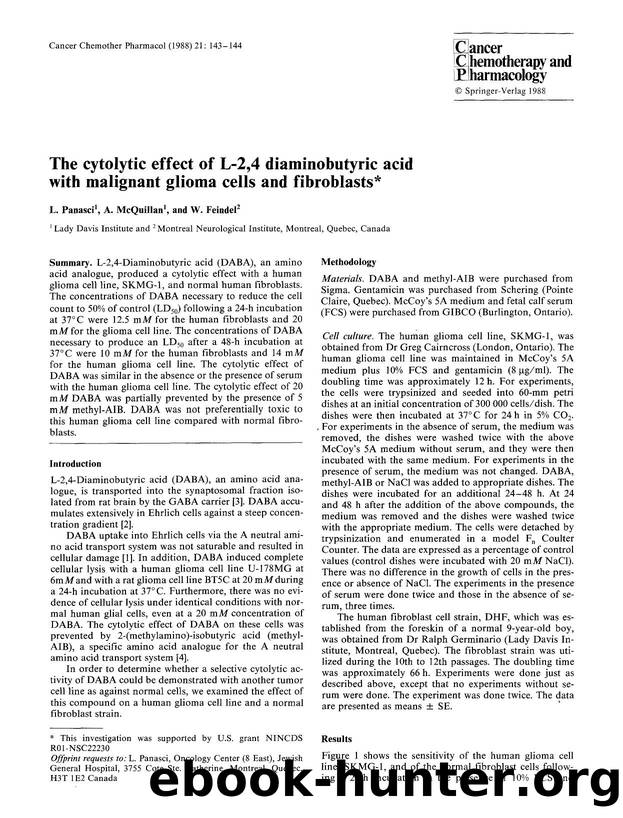 The cytolytic effect of L-2,4 diaminobutyric acid with malignant glioma cells and fibroblasts by Unknown
