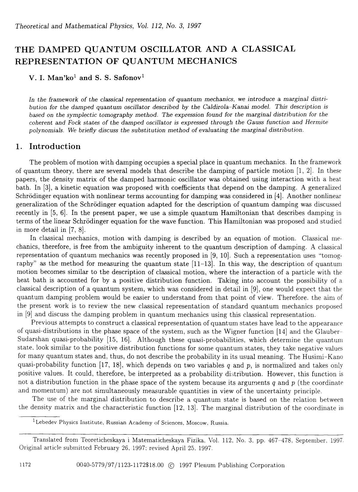 The damped quantum oscillator and a classical representation of quantum mechanics by Unknown