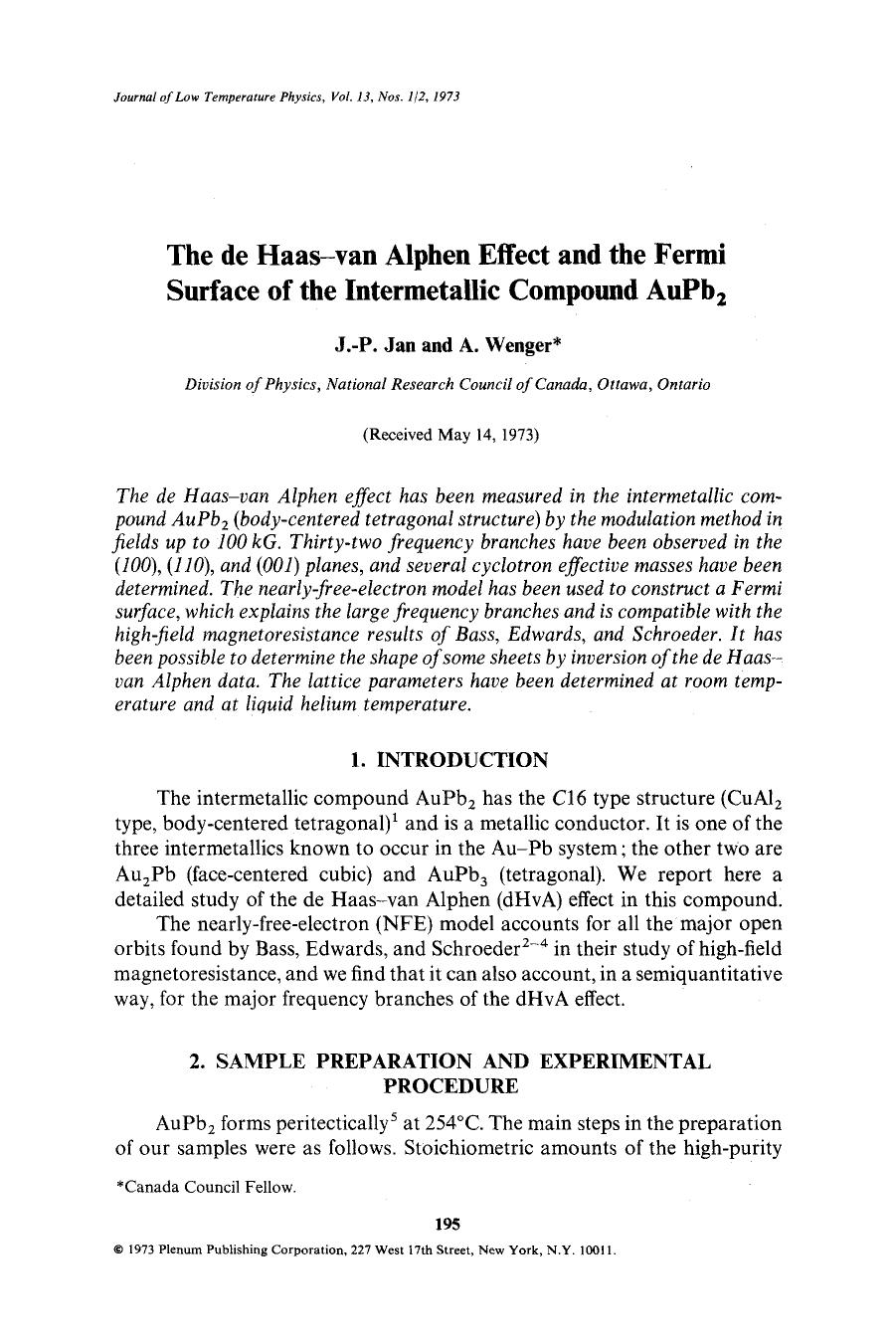 The de Haas-van Alphen effect and the Fermi surface of the intermetallic compound AuPb <Subscript>2 <Subscript> by Unknown