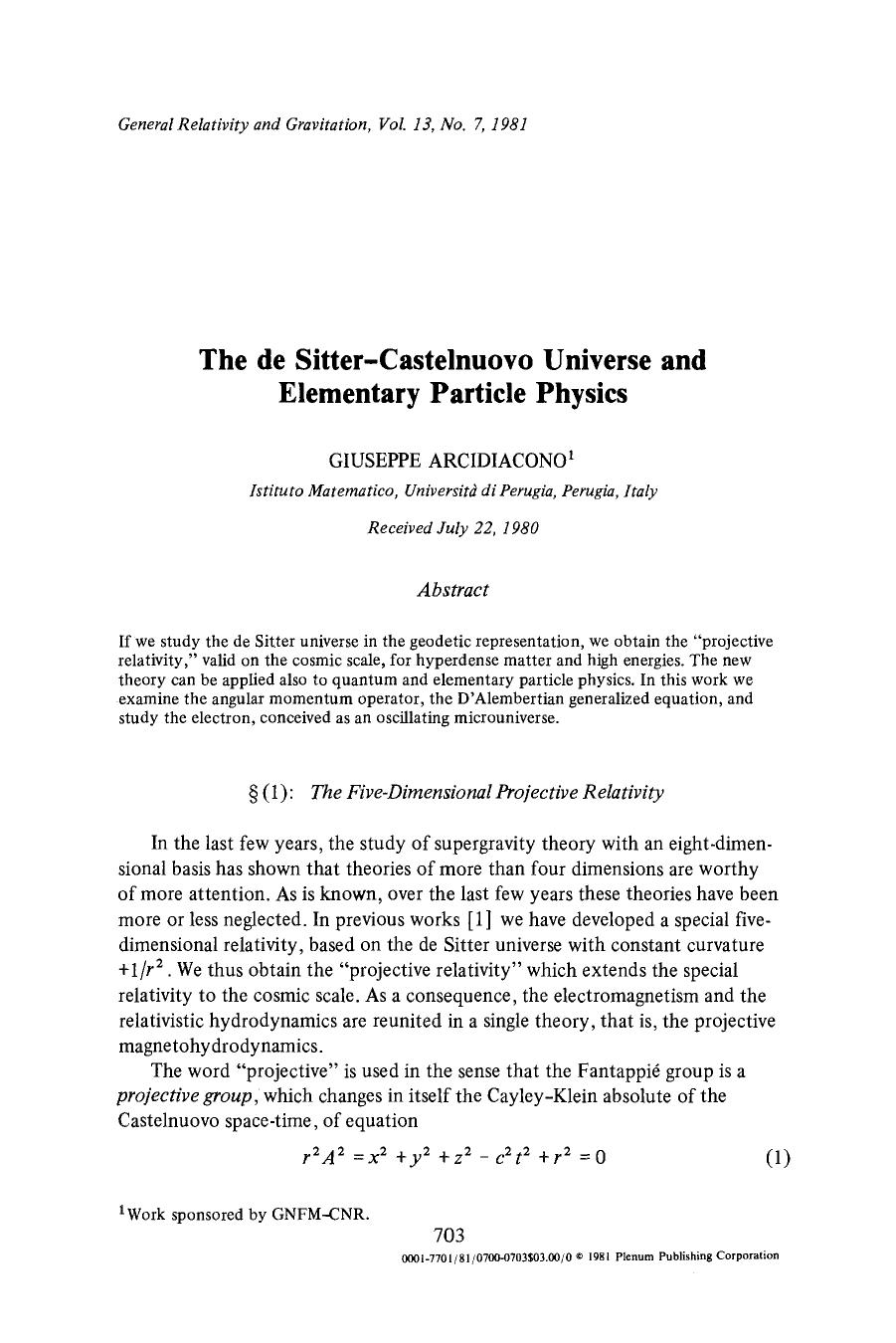 The de Sitter-Castelnuovo universe and elementary particle physics by Unknown
