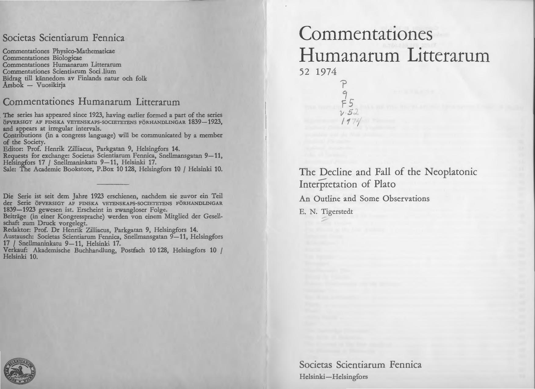 The decline and fall of the Neoplatonic interpretation of Plato by E N Tigerstedt