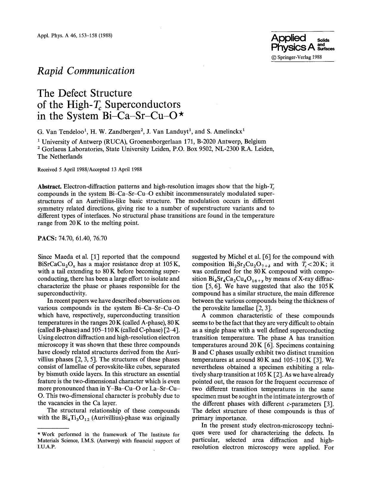 The defect structure of the high- <Emphasis Type="Italic">T <Emphasis> <Subscript> <Emphasis Type="Italic">c <Emphasis> <Subscript> superconductors in the system Bi-Ca-Sr-Cu-O by Unknown