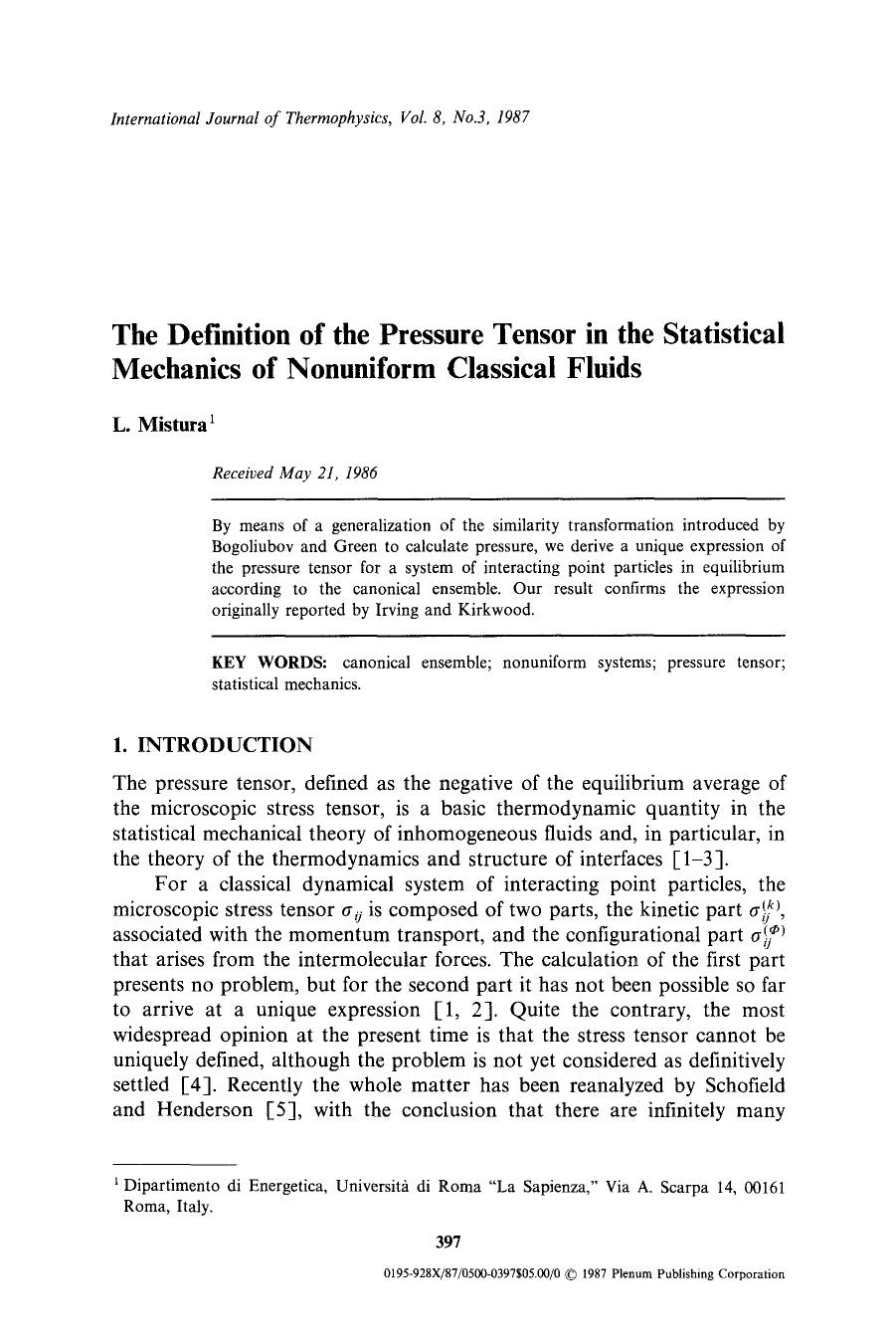 The definition of the pressure tensor in the statistical mechanics of nonuniform classical fluids by Unknown