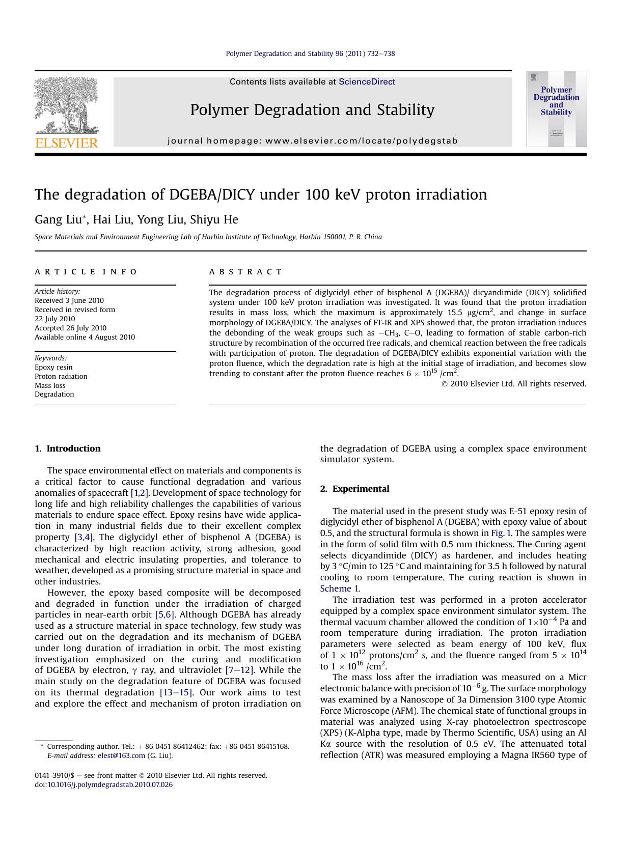 The degradation of DGEBADICY under 100&nbsp;keV proton irradiation by Gang Liu & Hai Liu & Yong Liu & Shiyu He