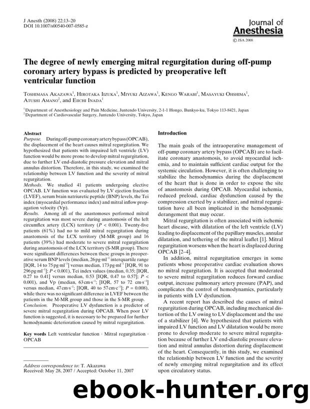 The degree of newly emerging mitral regurgitation during off-pump coronary artery bypass is predicted by preoperative left ventricular function by Unknown