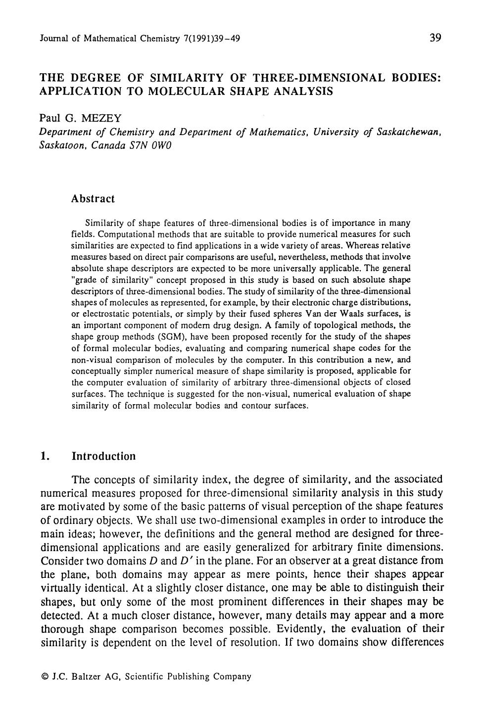 The degree of similarity of three-dimensional bodies: Application to molecular shape analysis by Unknown
