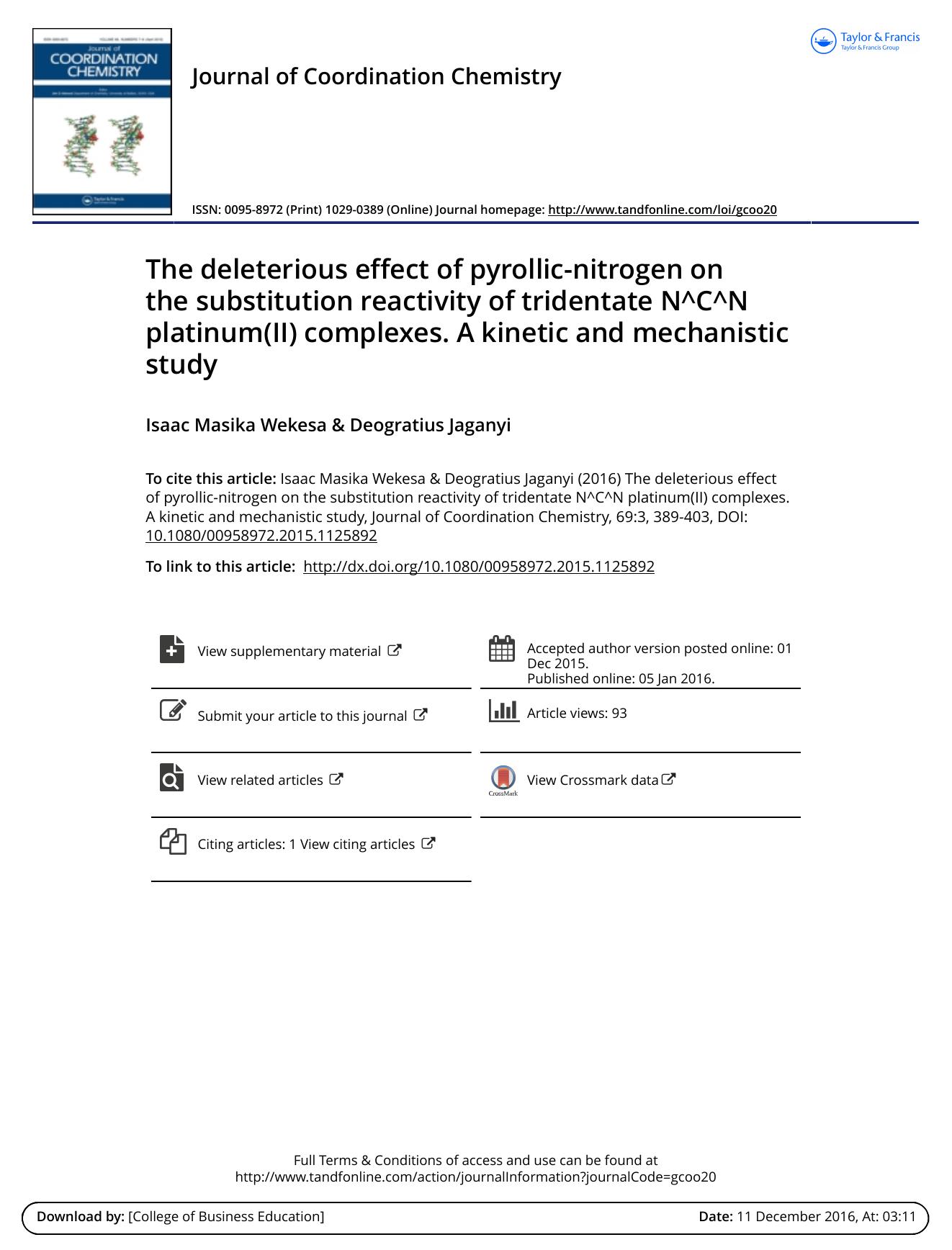 The deleterious effect of pyrollic-nitrogen on the substitution reactivity of tridentate N^C^N platinum(II) complexes. A kinetic and mechanistic study by Isaac Masika Wekesa & Deogratius Jaganyi