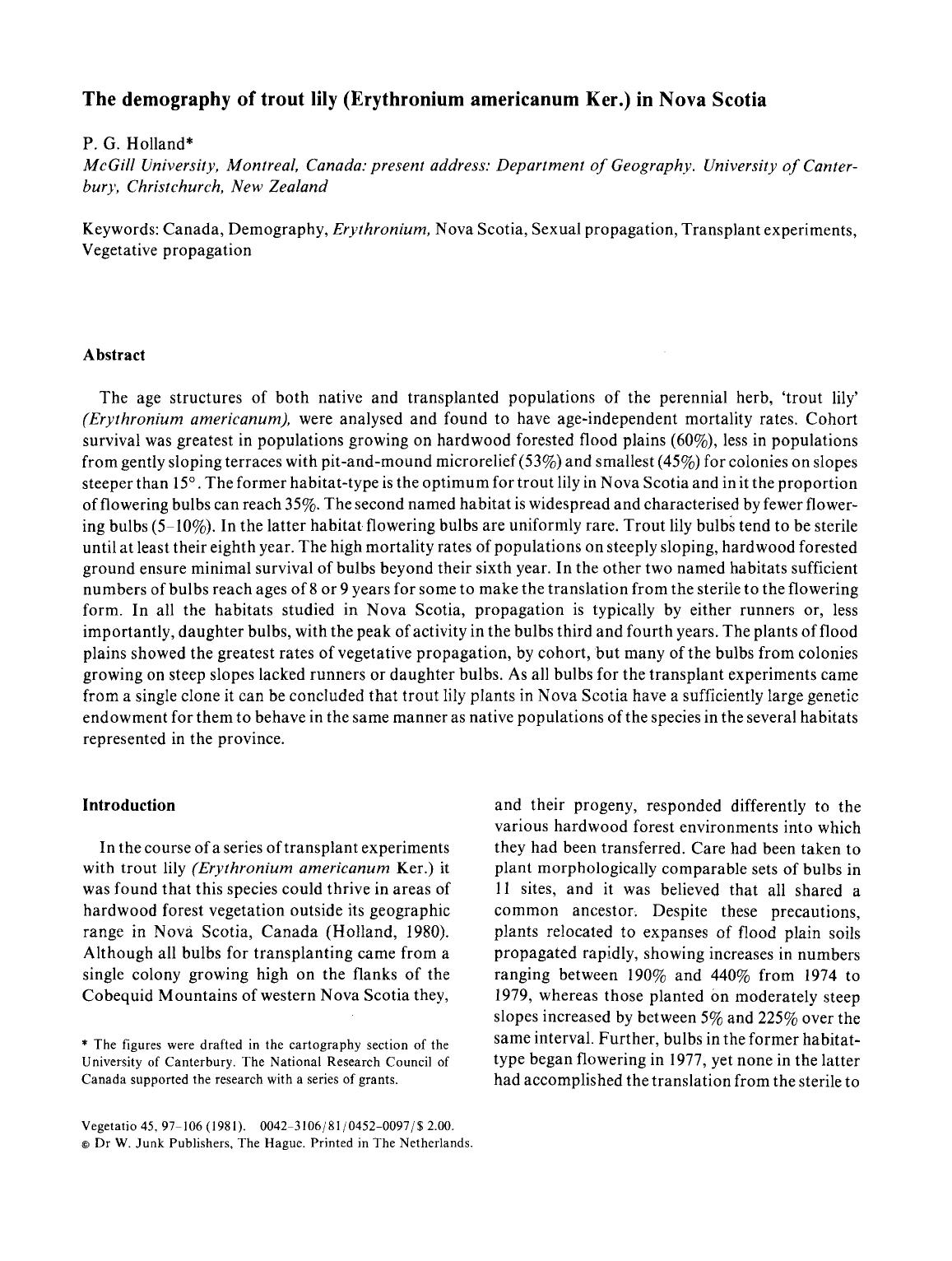 The demography of trout lily (Erythronium americanum Ker.) in Nova Scotia by Unknown