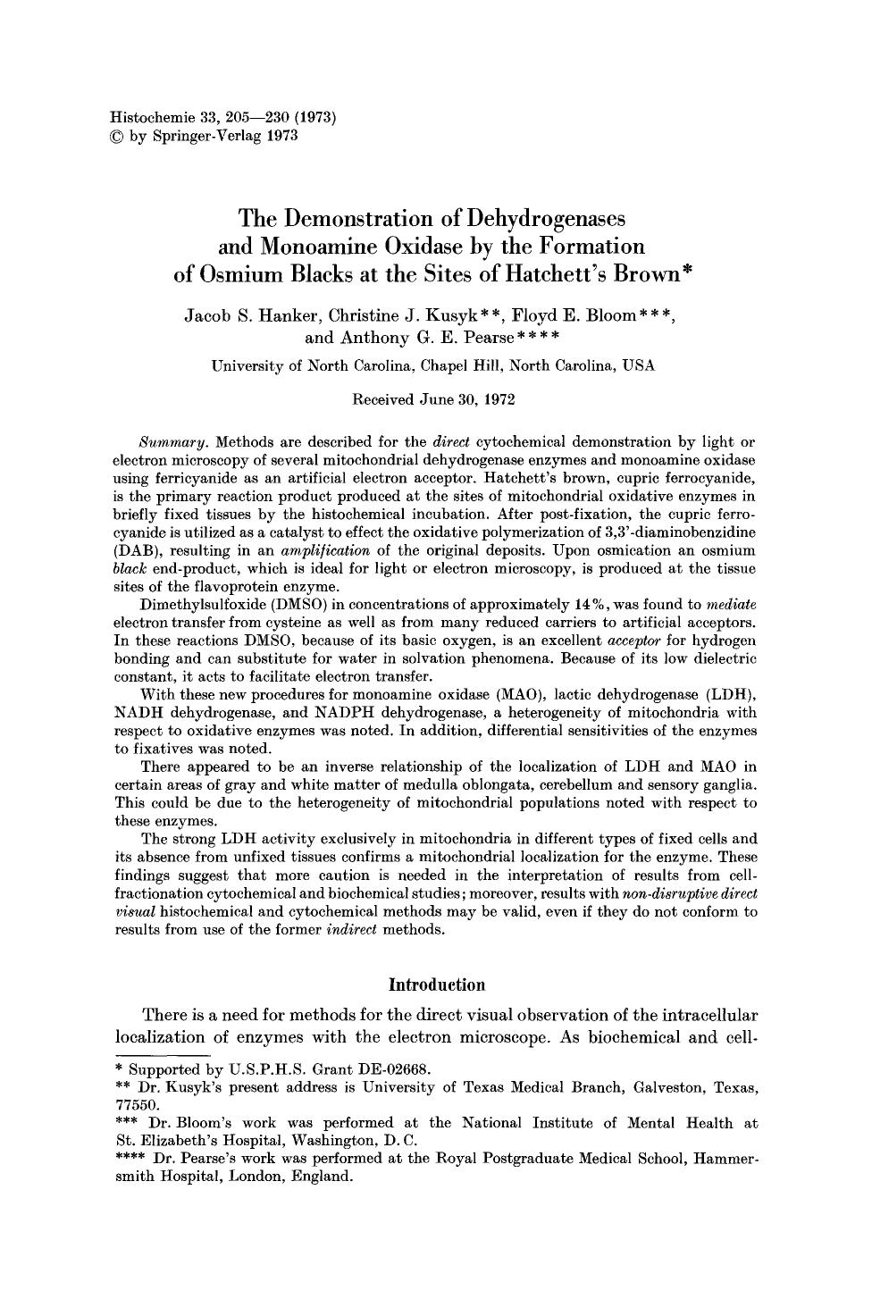 The demonstration of dehydrogenases and monoamine oxidase by the formation of osmium blacks at the sites of Hatchett's brown by Unknown
