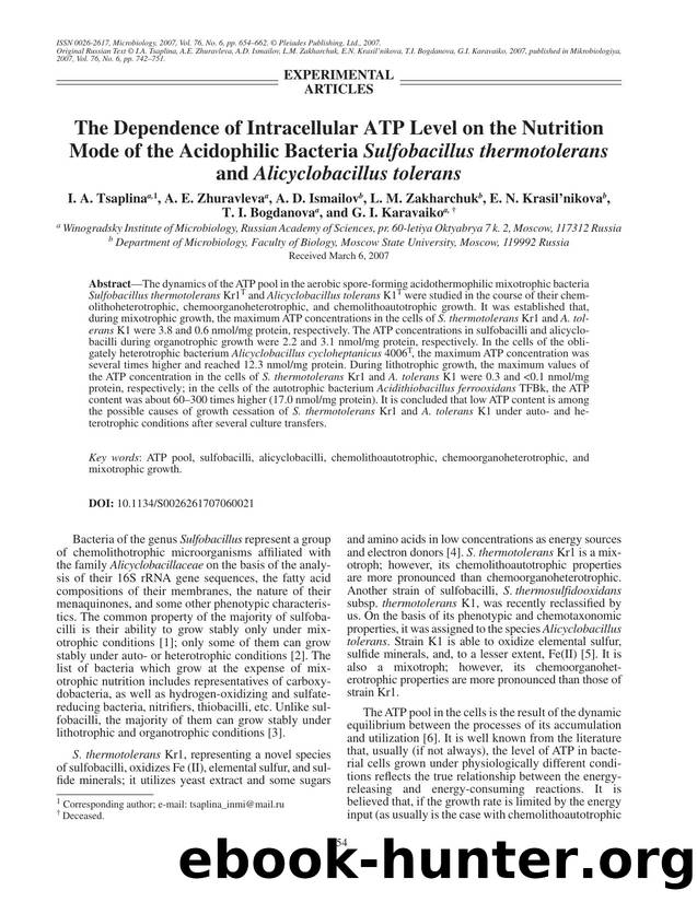 The dependence of intracellular ATP level on the nutrition mode of the acidophilic bacteria <Emphasis Type="Italic">Sulfobacillus thermotolerans<Emphasis> and <Emphasis Type="Itali by Unknown