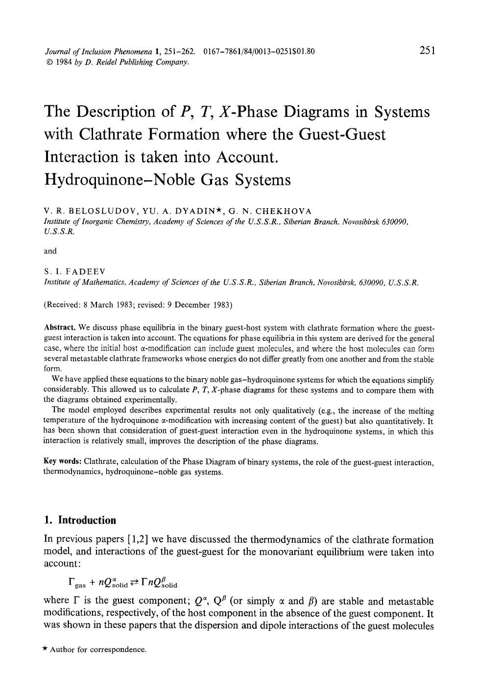 The description of <Emphasis Type="Italic">P, T, X <Emphasis>-phase diagrams in systems with clathrate formation where the guest-guest interaction is taken into account. Hydroquinone-noble gas systems by Unknown