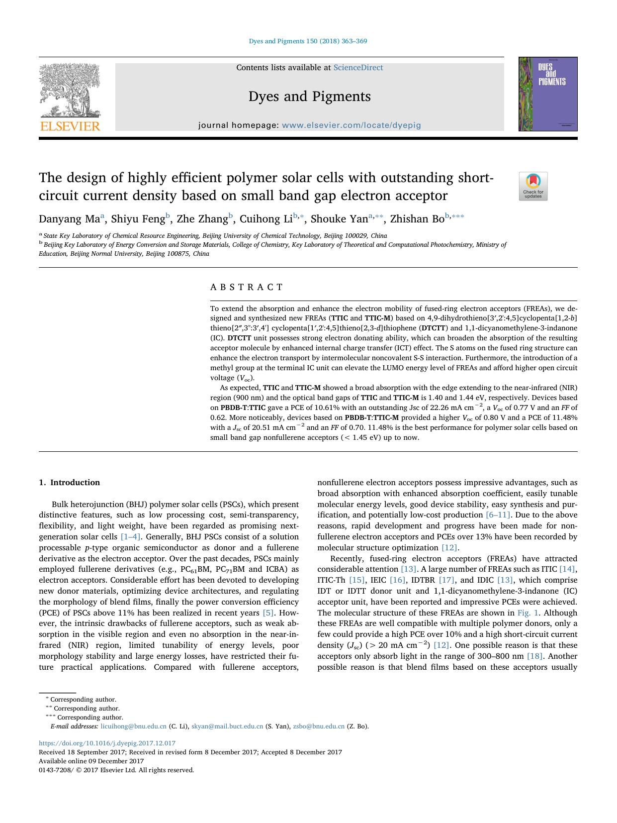 The design of highly efficient polymer solar cells with outstanding short-circuit current density based on small band gap electron acceptor by Danyang Ma & Shiyu Feng & Zhe Zhang & Cuihong Li & Shouke Yan & Zhishan Bo