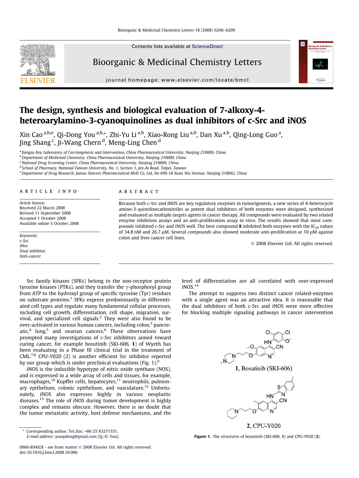 The design, synthesis and biological evaluation of 7-alkoxy-4-heteroarylamino-3-cyanoquinolines as dual inhibitors of c-Src and iNOS by unknow