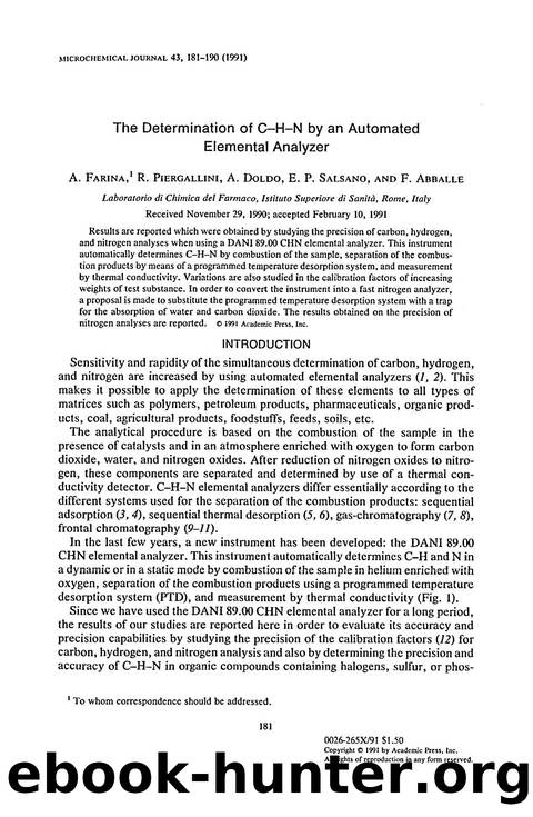 The determination of C-H-N by an automated elemental analyzer by A. Farina; R. Piergallini; A. Doldo; E.P. Salsano; F. Abballe