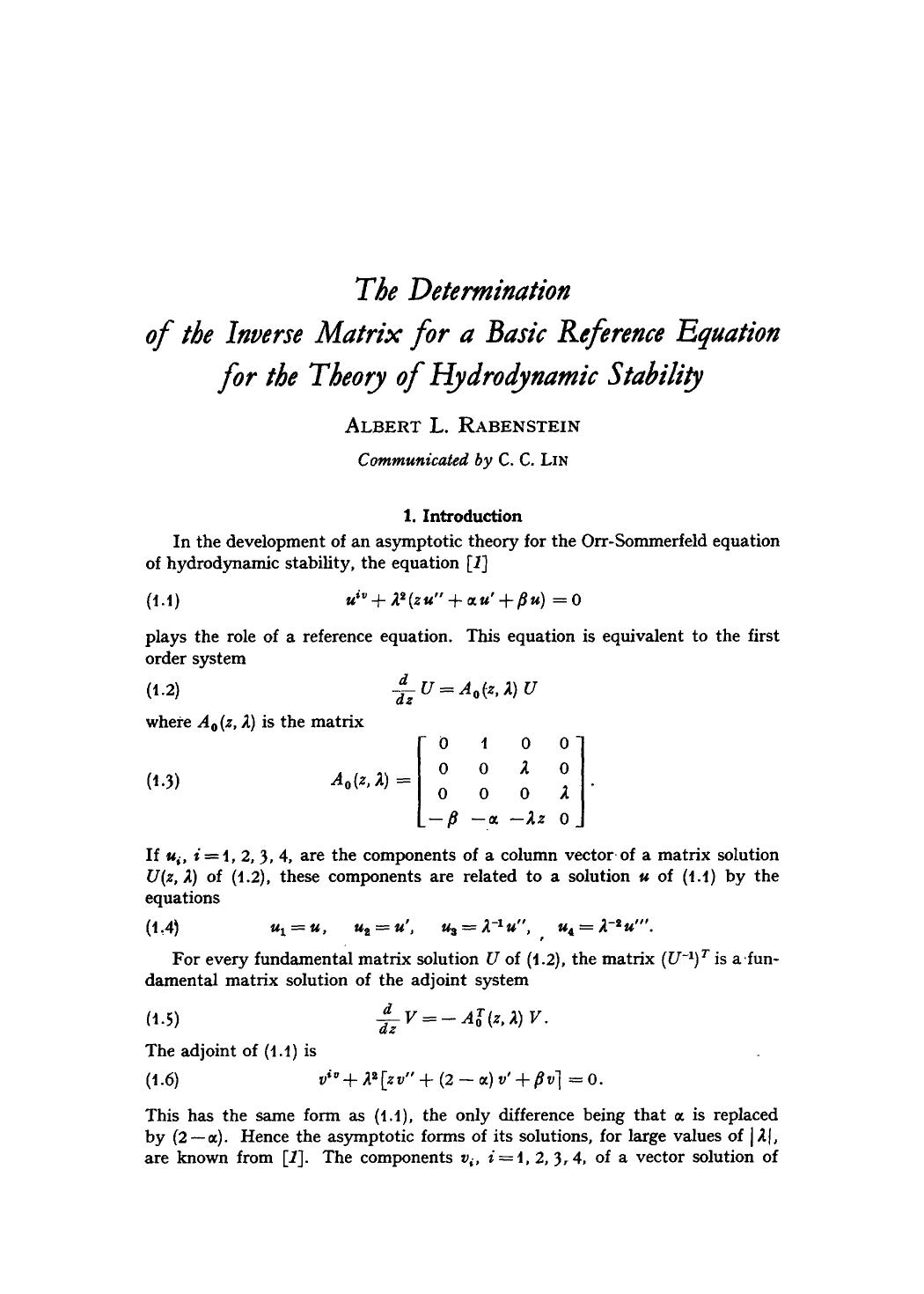 The determination of the inverse matrix for a basic reference equation for the theory of hydrodynamic stability by Unknown