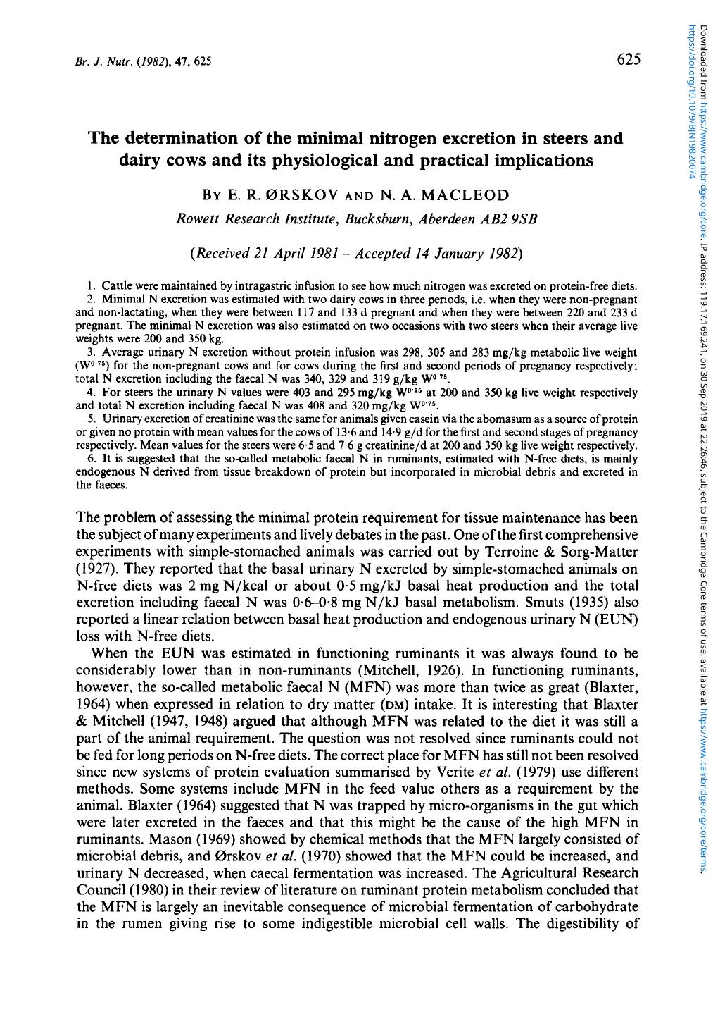 The determination of the minimal nitrogen excretion in steers and dairy cows and its physiological and practical implications by E. R. Ørskov N. A. MacLeod