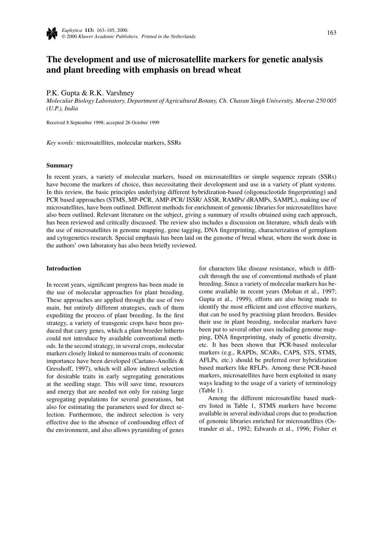 The development and use of microsatellite markers for genetic analysis and plant breeding with emphasis on bread wheat by Unknown